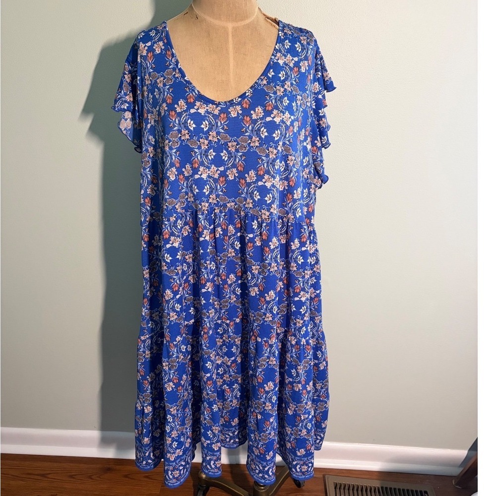 Max Studio Blue Floral Tiered V-Neck Flutter Sleeve Babydoll Dress Plus Size 3X